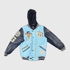 Top Gun The GOAT Varsity Jacket MA-1 Bomber Hooded Boys Size 8 Blue Patchwork
